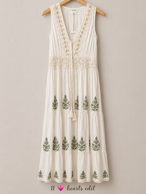 Ananta White Embroidered Boho Midi Dress NWT S/M Rayon Tassel Resort Cottagecore